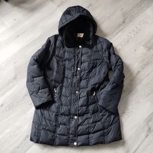 Michael Kors Puffer Jacket Womens XL Black Hooded Full Zip Snap Button Faux Fur
